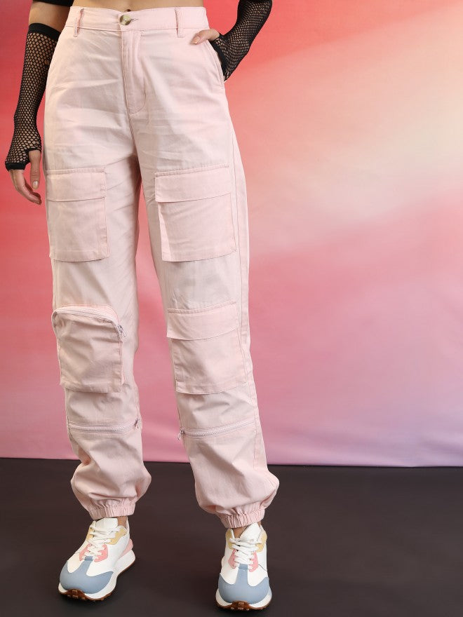 Ketch Women Pink Solid Regular Fit Cargos - Pink - Image 1