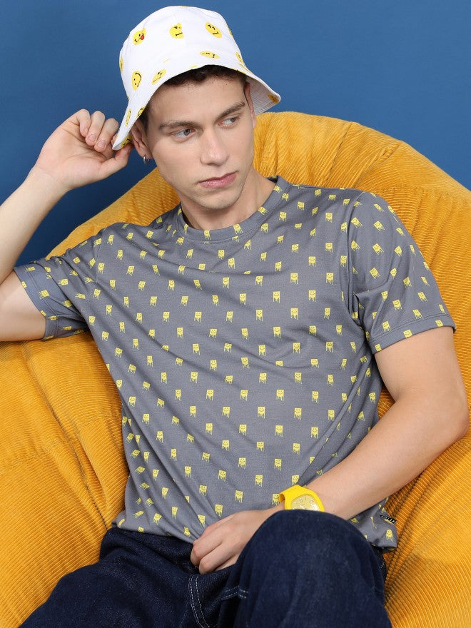 Ketch Men Grey Printed Round Neck Relaxed Fit T-Shirt - Grey - Image 1