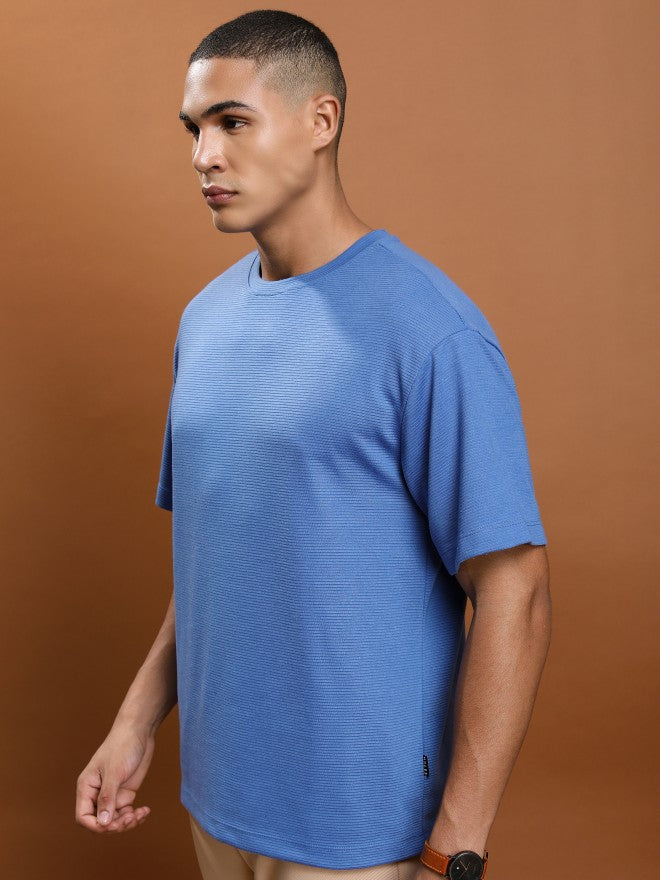 Ketch Men Blue Solid Round Neck Oversized Fit T-Shirt - Blue - Image 4
