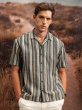 Locomotive Premium Men Beige Black Natural Yarn Dobby Textured Striped Cuban Collar Oversized Shirt - Beige - Image 1