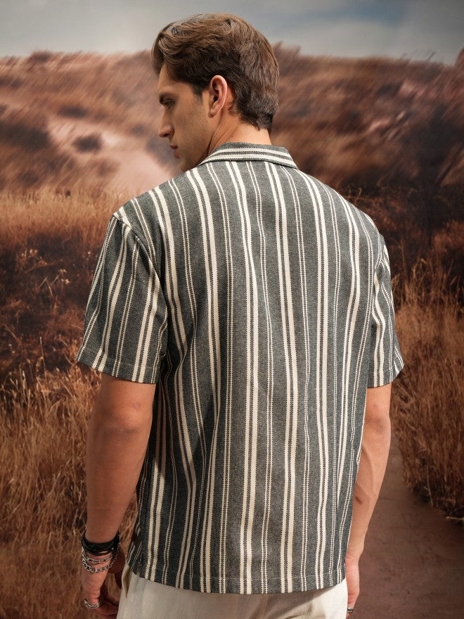 Locomotive Premium Men Beige Black Natural Yarn Dobby Textured Striped Cuban Collar Oversized Shirt - Beige - Image 3