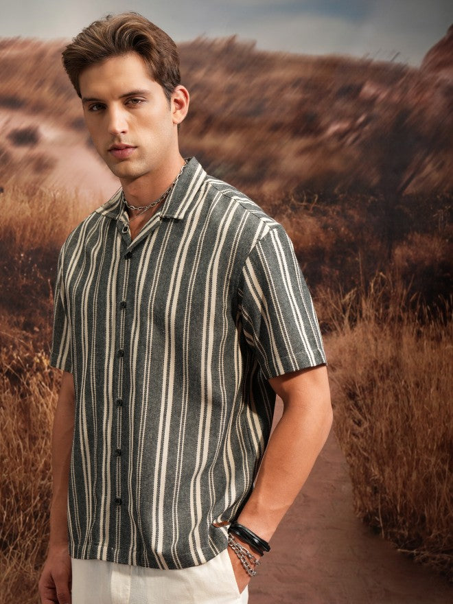 Locomotive Premium Men Beige Black Natural Yarn Dobby Textured Striped Cuban Collar Oversized Shirt - Beige - Image 4