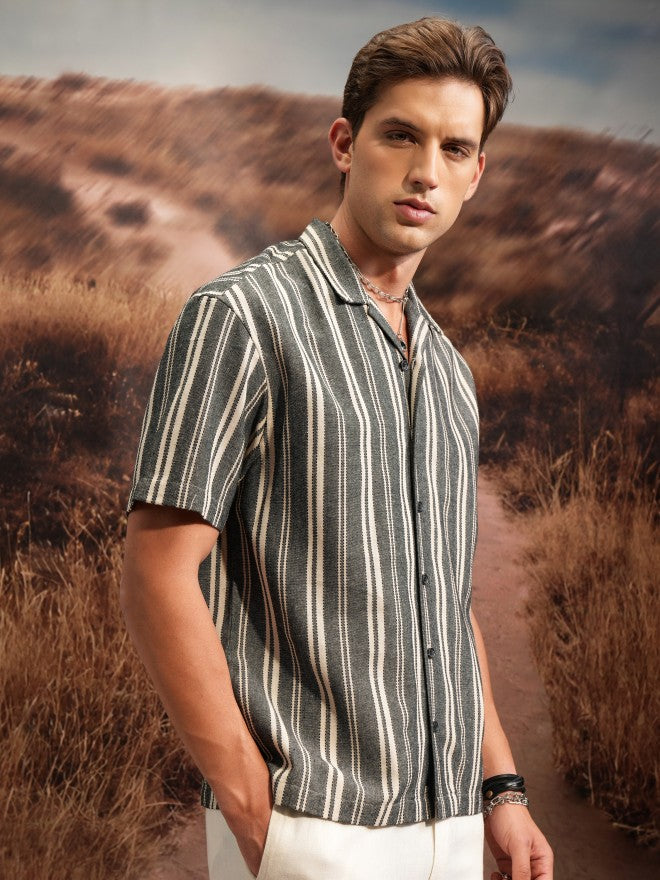 Locomotive Premium Men Beige Black Natural Yarn Dobby Textured Striped Cuban Collar Oversized Shirt - Beige - Image 6