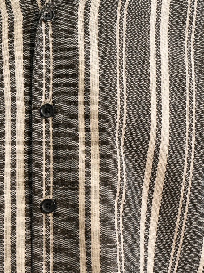 Locomotive Premium Men Beige Black Natural Yarn Dobby Textured Striped Cuban Collar Oversized Shirt - Beige - Image 7