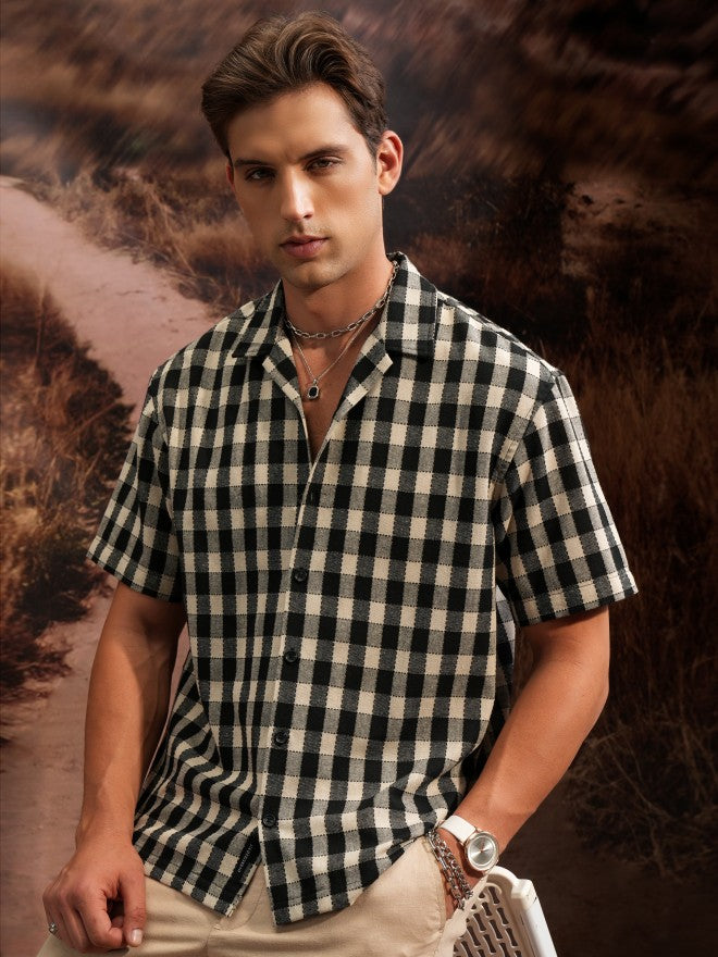 Locomotive Premium Premium Men Beige Black Textured Checked Cuban Collar Oversized Shirt - Beige - Image 1