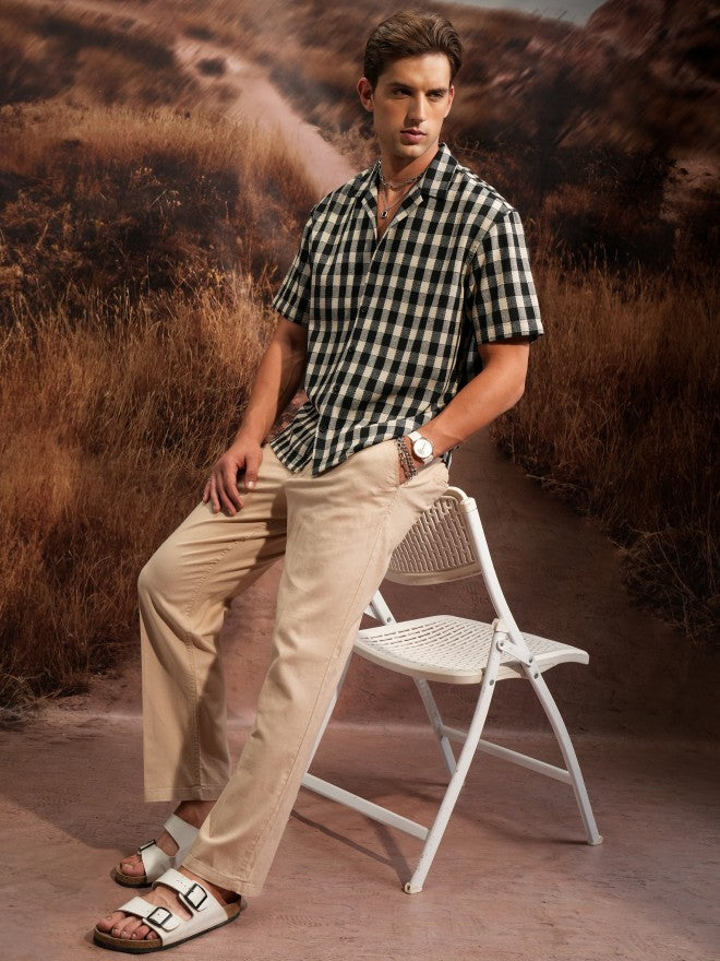 Locomotive Premium Premium Men Beige Black Textured Checked Cuban Collar Oversized Shirt - Beige - Image 2