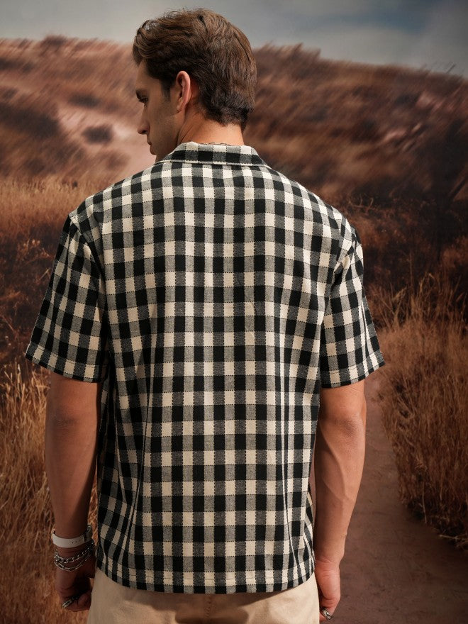 Locomotive Premium Premium Men Beige Black Textured Checked Cuban Collar Oversized Shirt - Beige - Image 3