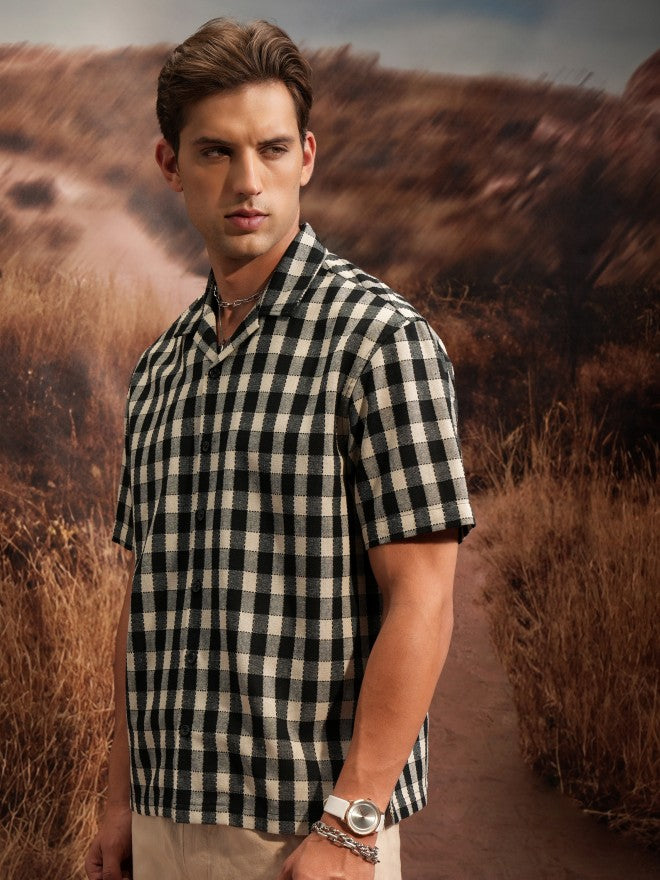 Locomotive Premium Premium Men Beige Black Textured Checked Cuban Collar Oversized Shirt - Beige - Image 4