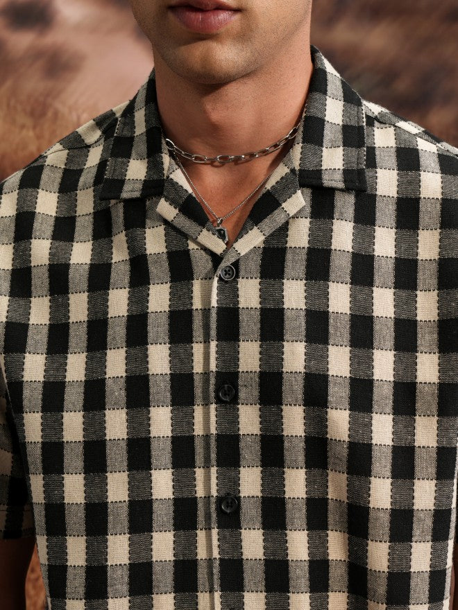 Locomotive Premium Premium Men Beige Black Textured Checked Cuban Collar Oversized Shirt - Beige - Image 5