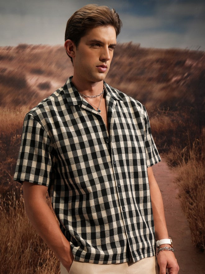 Locomotive Premium Premium Men Beige Black Textured Checked Cuban Collar Oversized Shirt - Beige - Image 6