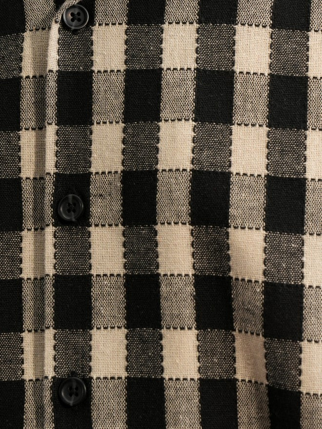 Locomotive Premium Premium Men Beige Black Textured Checked Cuban Collar Oversized Shirt - Beige - Image 7