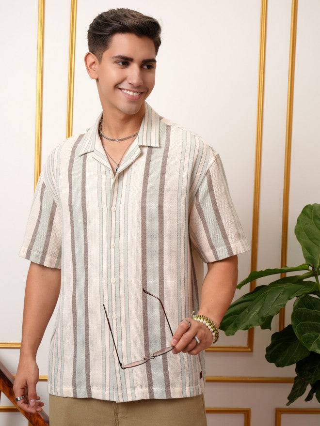 Locomotive Premium Men Light Blue Dobby Textured Striped Cuban Collar Oversized Fit Shirt - Blue - Image 1