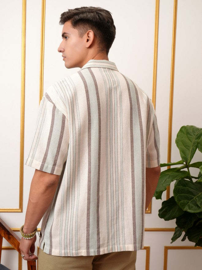 Locomotive Premium Men Light Blue Dobby Textured Striped Cuban Collar Oversized Fit Shirt - Blue - Image 3