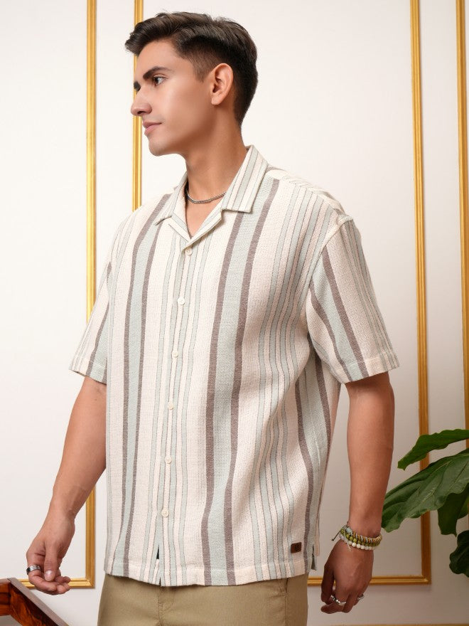 Locomotive Premium Men Light Blue Dobby Textured Striped Cuban Collar Oversized Fit Shirt - Blue - Image 4