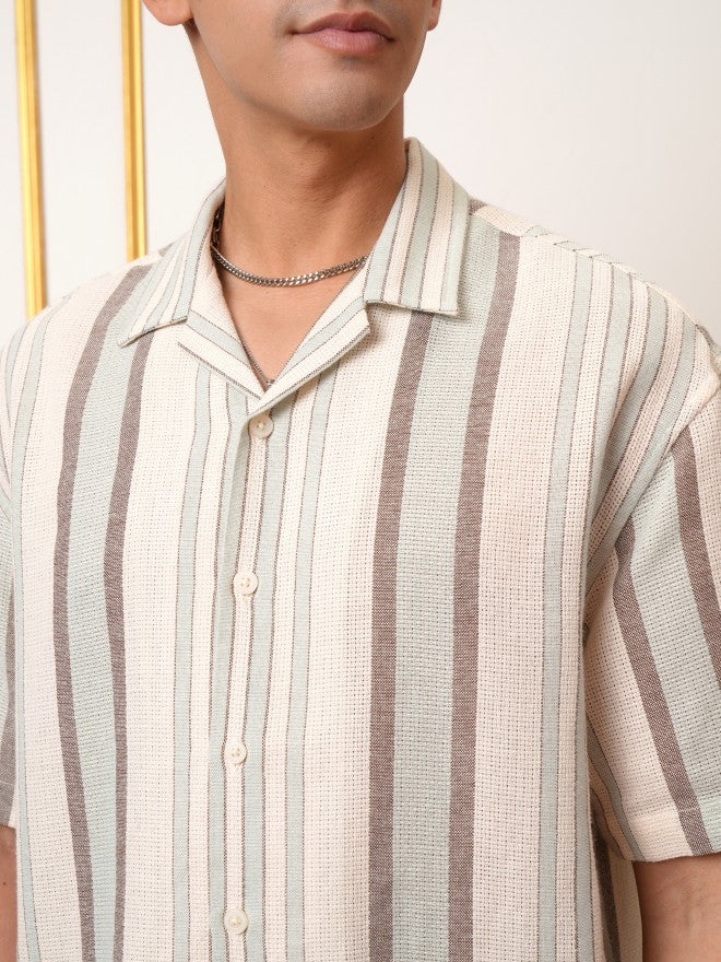 Locomotive Premium Men Light Blue Dobby Textured Striped Cuban Collar Oversized Fit Shirt - Blue - Image 5