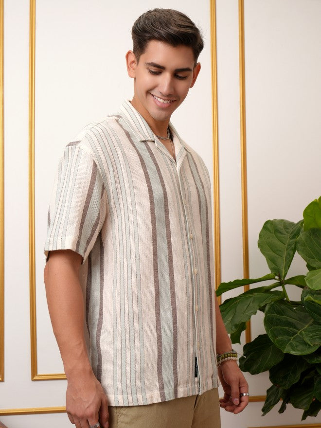 Locomotive Premium Men Light Blue Dobby Textured Striped Cuban Collar Oversized Fit Shirt - Blue - Image 6