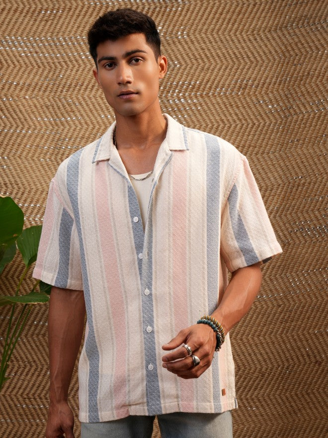 Locomotive Premium Men Cream & Orange Dobby Textured Cuban Collar Oversized Shirt - Cream - Image 1