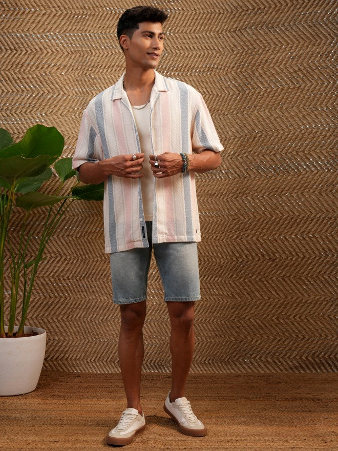 Locomotive Premium Men Cream & Orange Dobby Textured Cuban Collar Oversized Shirt - Cream - Image 2
