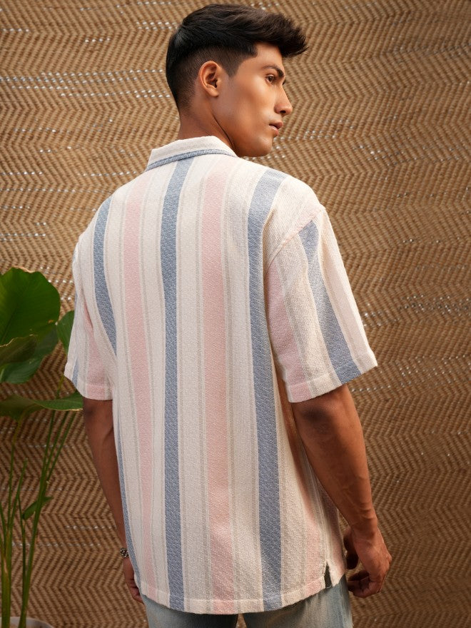 Locomotive Premium Men Cream & Orange Dobby Textured Cuban Collar Oversized Shirt - Cream - Image 3