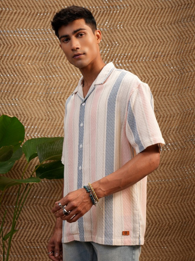 Locomotive Premium Men Cream & Orange Dobby Textured Cuban Collar Oversized Shirt - Cream - Image 4