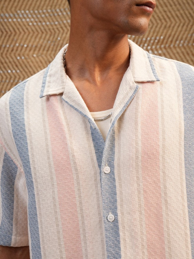 Locomotive Premium Men Cream & Orange Dobby Textured Cuban Collar Oversized Shirt - Cream - Image 5