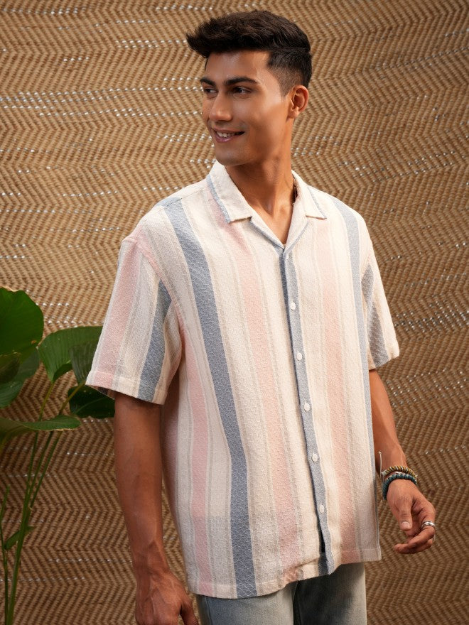 Locomotive Premium Men Cream & Orange Dobby Textured Cuban Collar Oversized Shirt - Cream - Image 6