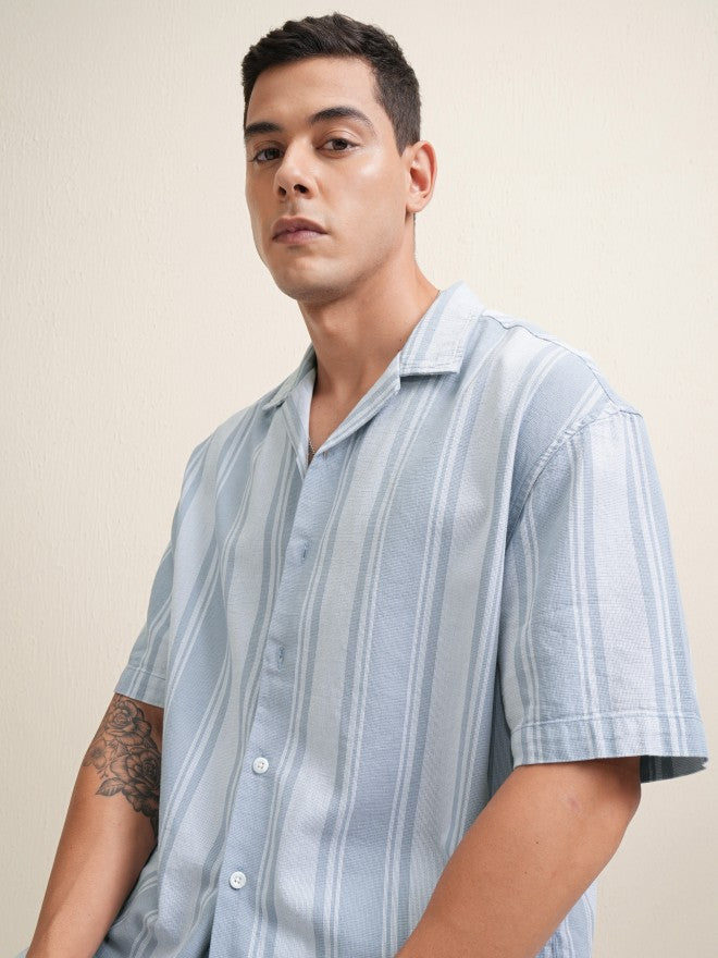 Locomotive Premium Men Blue Striped Relaxed Fit Casual Shirt - Blue - Image 1