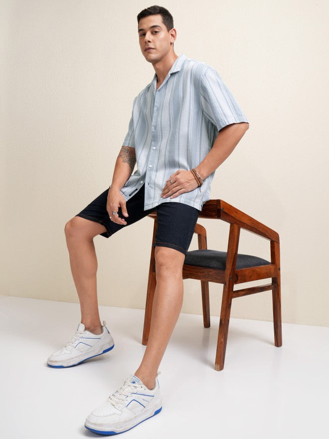 Locomotive Premium Men Blue Striped Relaxed Fit Casual Shirt - Blue - Image 2
