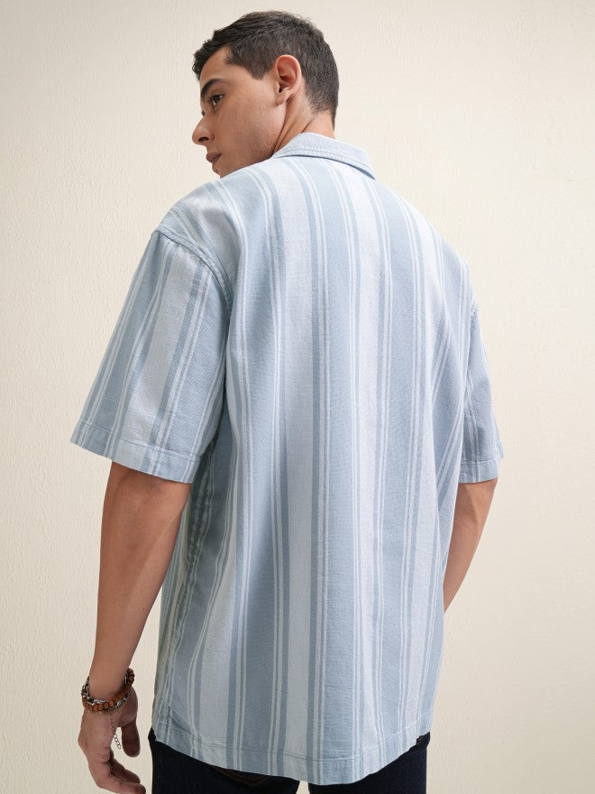 Locomotive Premium Men Blue Striped Relaxed Fit Casual Shirt - Blue - Image 3