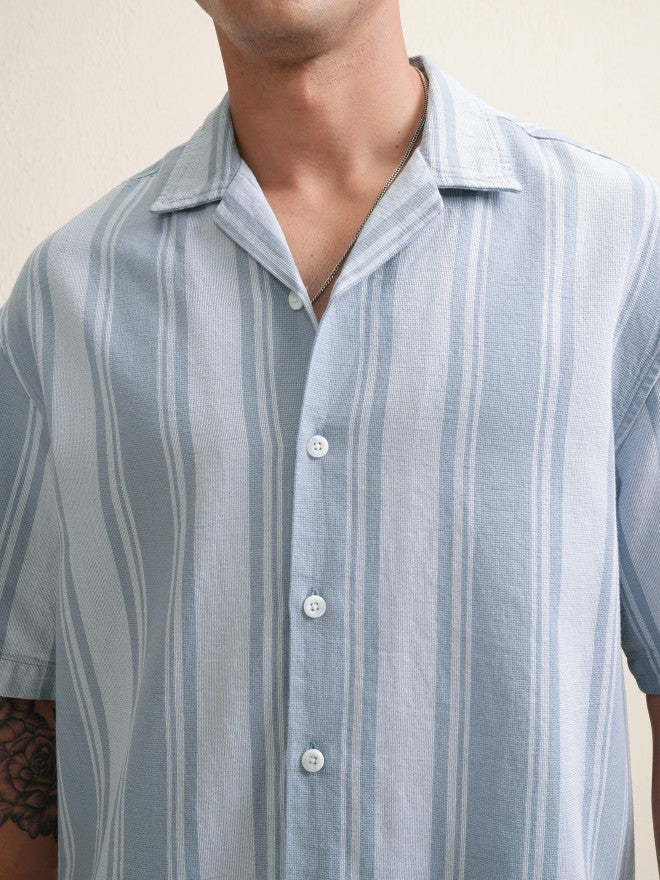Locomotive Premium Men Blue Striped Relaxed Fit Casual Shirt - Blue - Image 5