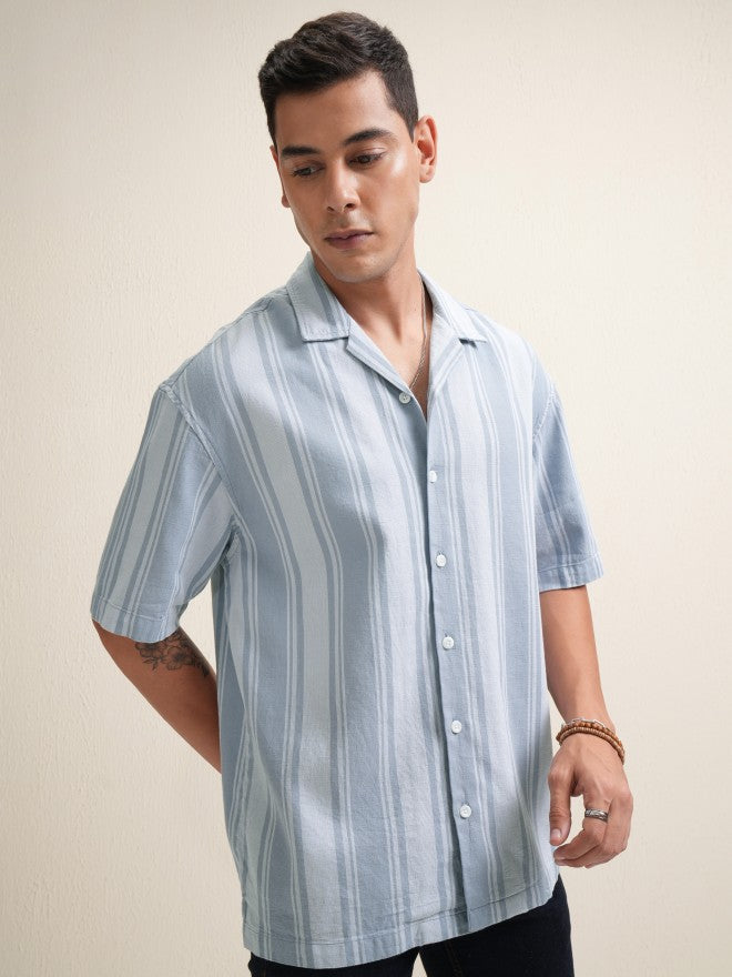 Locomotive Premium Men Blue Striped Relaxed Fit Casual Shirt - Blue - Image 6