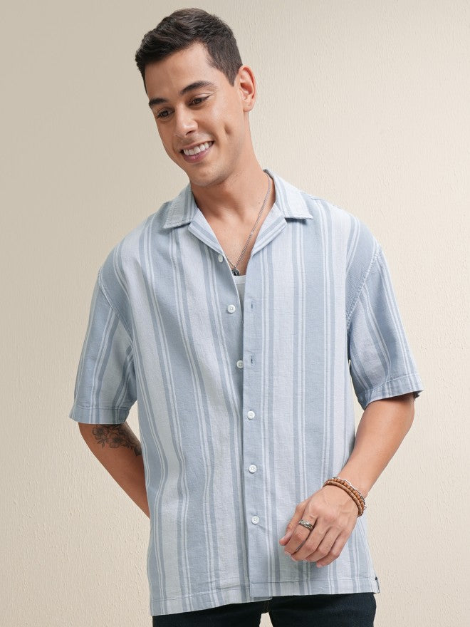 Locomotive Premium Men Blue Striped Relaxed Fit Casual Shirt - Blue - Image 7