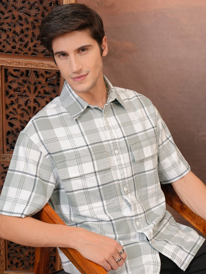 Locomotive Men Grey Checked Oversized Fit Casual Shirt - Grey - Image 1
