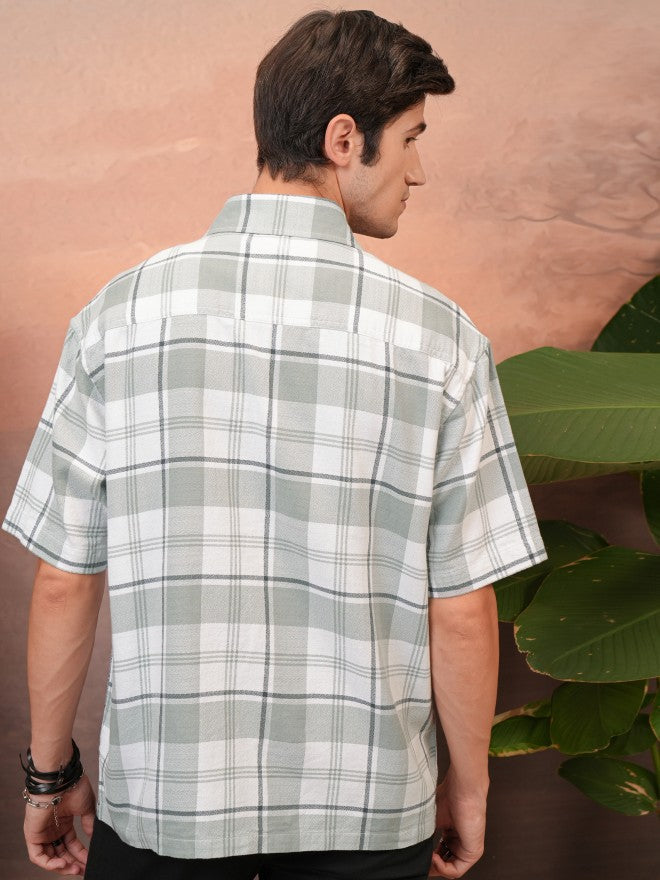 Locomotive Men Grey Checked Oversized Fit Casual Shirt - Grey - Image 3