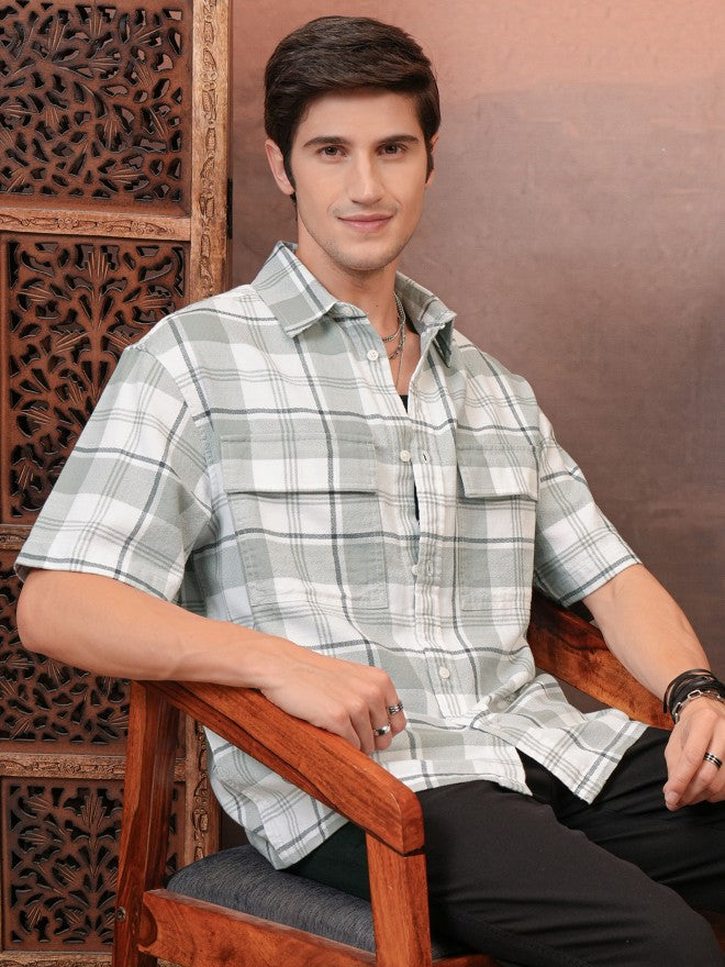 Locomotive Men Grey Checked Oversized Fit Casual Shirt - Grey - Image 6