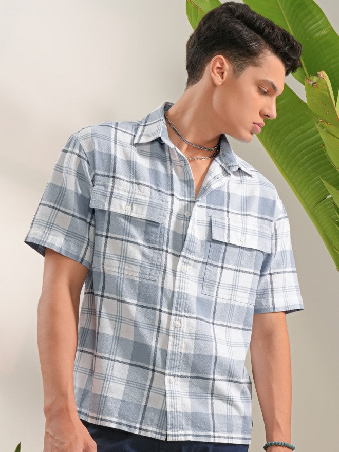 Locomotive Men Blue Checked Oversized Fit Casual Shirt - Blue - Image 1