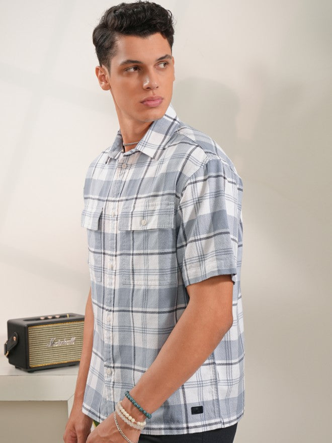 Locomotive Men Blue Checked Oversized Fit Casual Shirt - Blue - Image 4