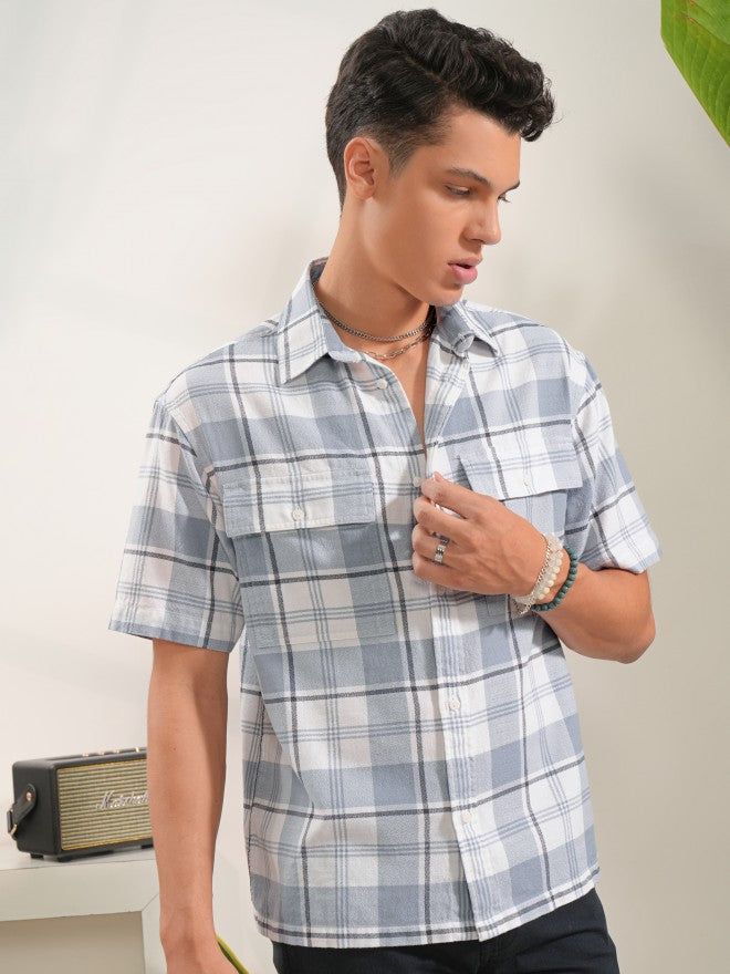 Locomotive Men Blue Checked Oversized Fit Casual Shirt - Blue - Image 6