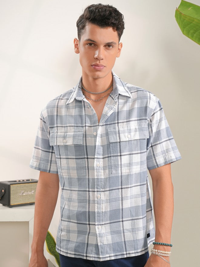 Locomotive Men Blue Checked Oversized Fit Casual Shirt - Blue - Image 7