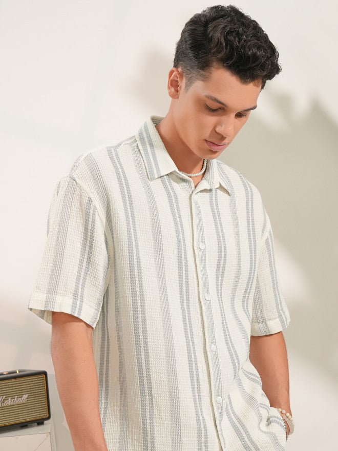 Locomotive Men Off White Striped Oversized Fit Casual Shirt - Off White - Image 1