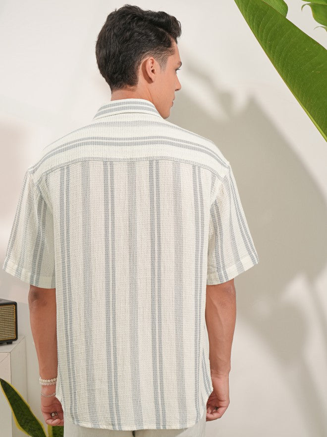 Locomotive Men Off White Striped Oversized Fit Casual Shirt - Off White - Image 3