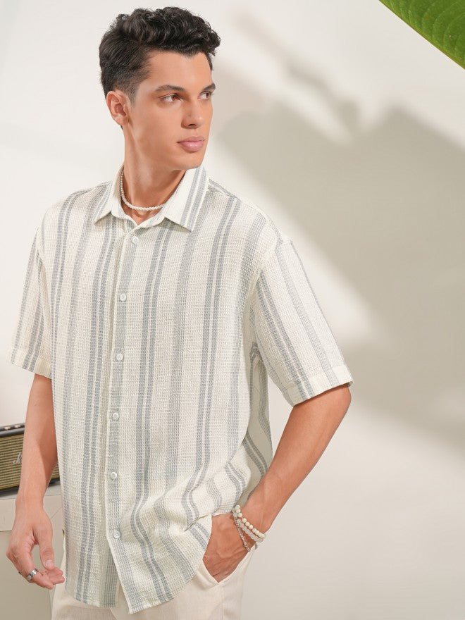 Locomotive Men Off White Striped Oversized Fit Casual Shirt - Off White - Image 4