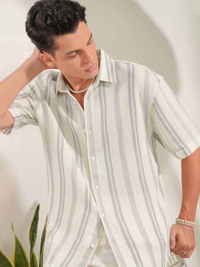 Locomotive Men Off White Striped Oversized Fit Casual Shirt - Off White - Image 6