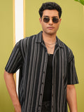 Locomotive Premium Men Black Striped Oversized Fit Casual Shirt - Black - Image 1