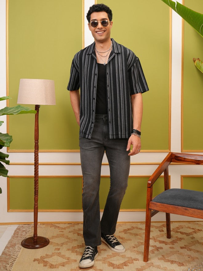 Locomotive Premium Men Black Striped Oversized Fit Casual Shirt - Black - Image 2