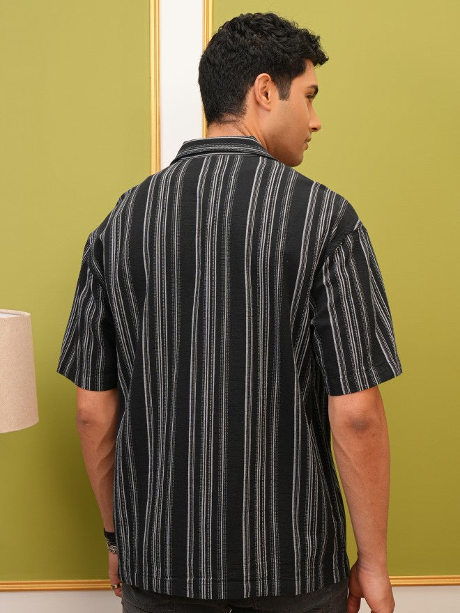 Locomotive Premium Men Black Striped Oversized Fit Casual Shirt - Black - Image 3