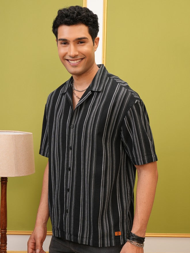 Locomotive Premium Men Black Striped Oversized Fit Casual Shirt - Black - Image 4