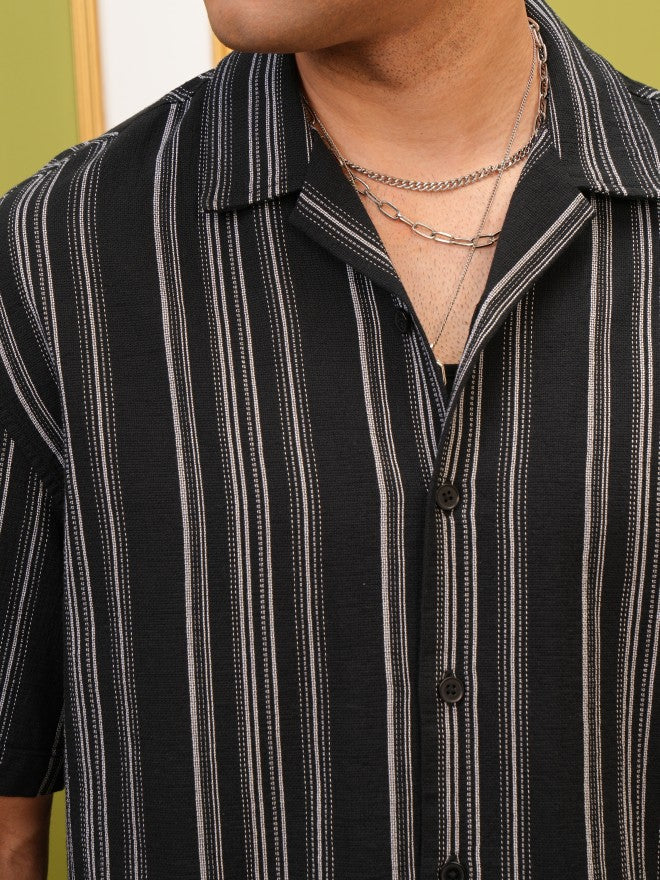 Locomotive Premium Men Black Striped Oversized Fit Casual Shirt - Black - Image 5