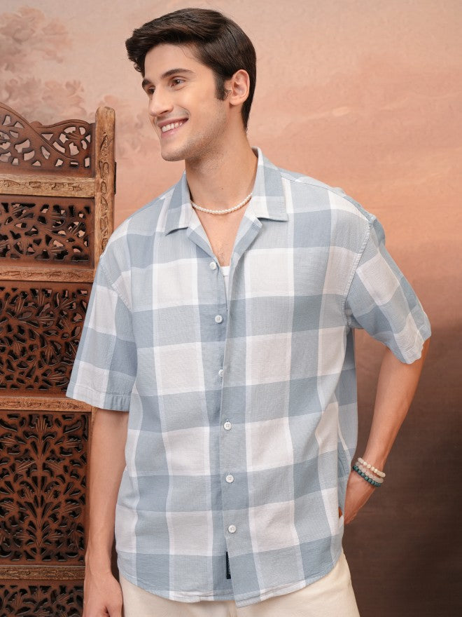 Locomotive Men Blue Checked Oversized Fit Casual Shirt - Blue - Image 1