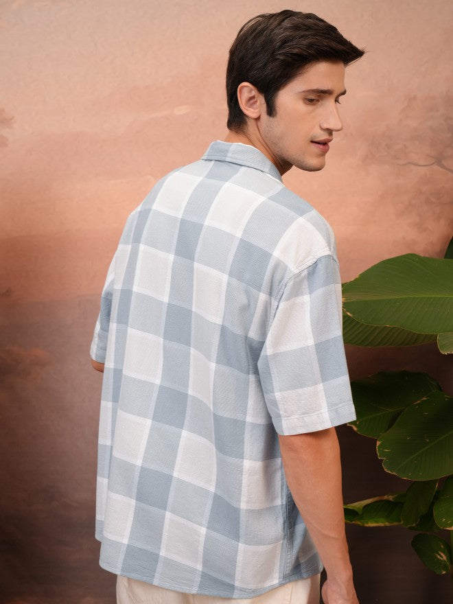 Locomotive Men Blue Checked Oversized Fit Casual Shirt - Blue - Image 3